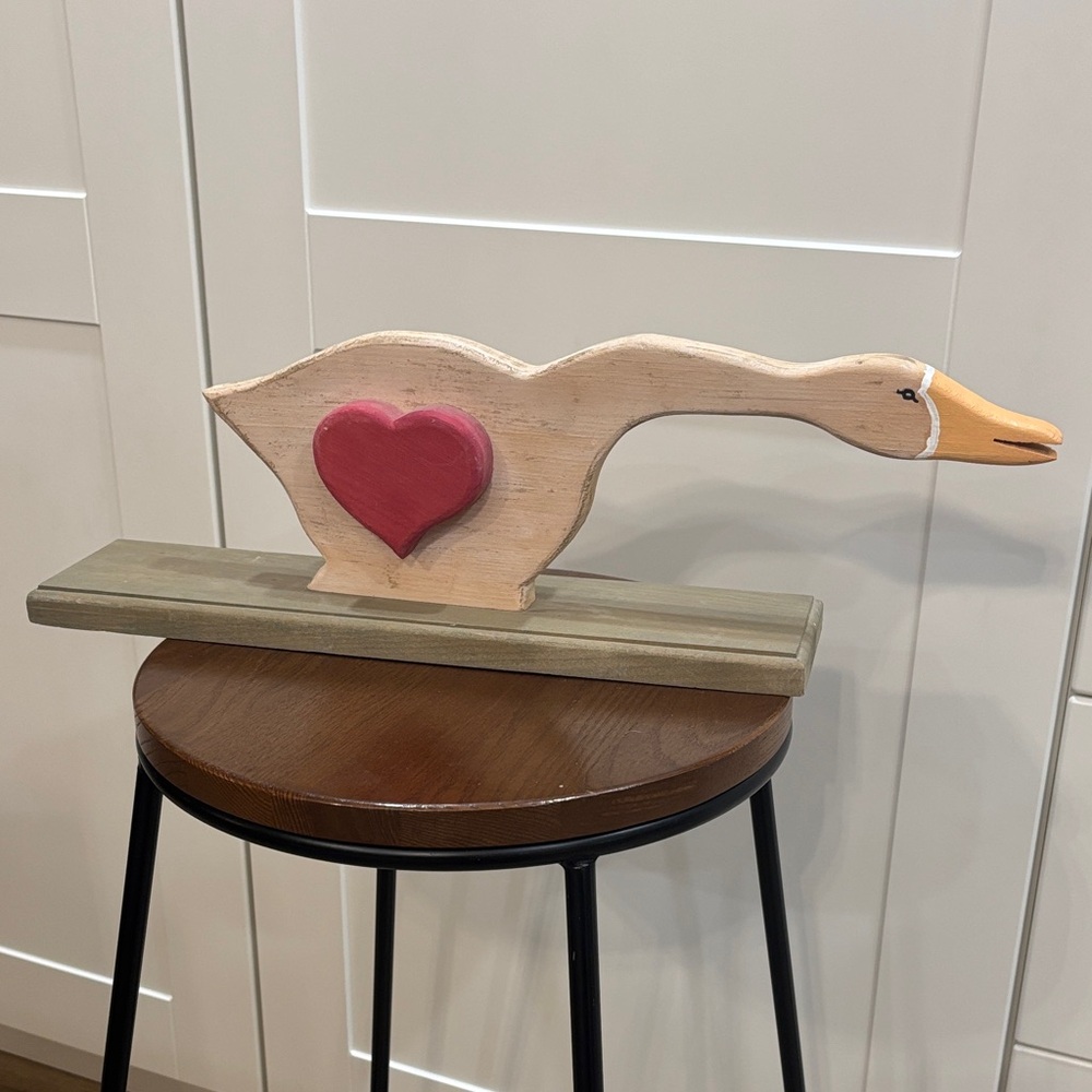 Hand-Painted Wooden Goose Figurine with Red Heart - Home Accents